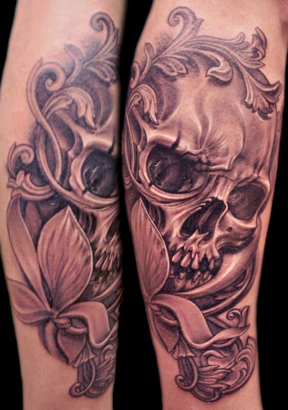 Black and Gray Skull and Flower by Nate Beavers Tattoos